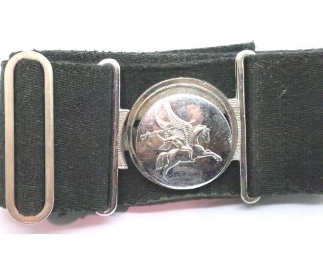 British military stable belt, black, with Pegasus Airborne buckle, L: 88 cm fully extended, W: 65 mm. P&amp;P Group 1 (£14+VA