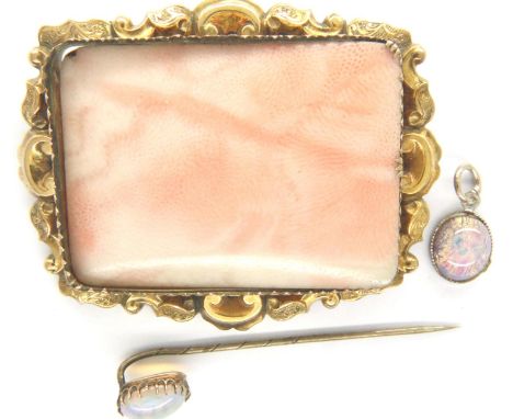 Antique gold stone set brooch, opal stick pin and an opal pendant, brooch 50 x 40 mm. P&amp;P Group 1 (£14+VAT for the first 