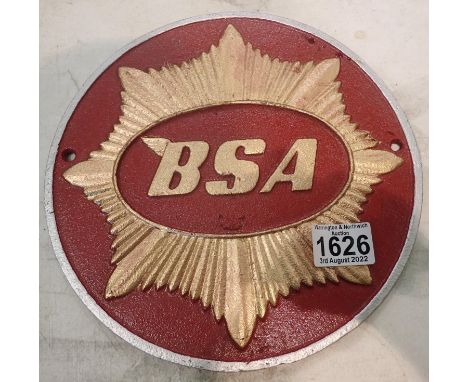 Cast iron BSA sign, D: 24 cm. P&amp;P Group 2 (£18+VAT for the first lot and £3+VAT for subsequent lots) 