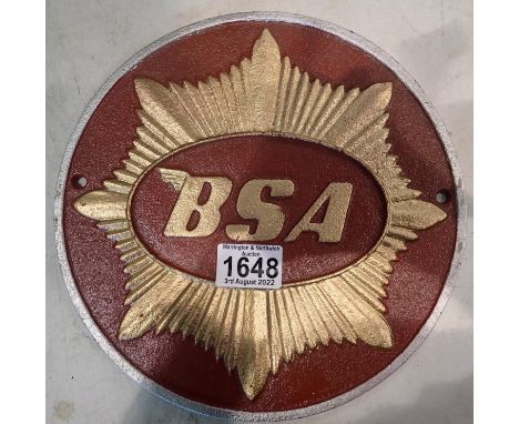 Cast iron Red BSA plaque, D: 25 cm. P&amp;P Group 3 (£25+VAT for the first lot and £5+VAT for subsequent lots) 