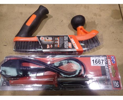 New and unused Dekton soft grip twin handled wire brush and a new and unused Dekton 30 watt soldering iron.  P&amp;P Group 1 