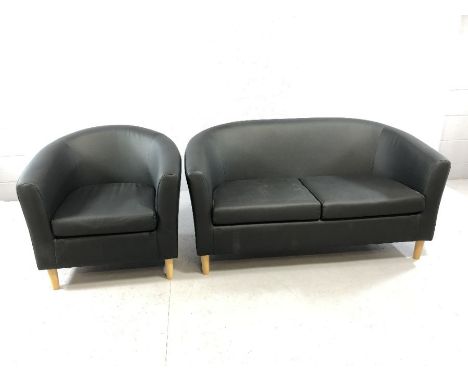 Modern black two seater sofa and matching armchair, on beech legs, sofa approx 142cm in length