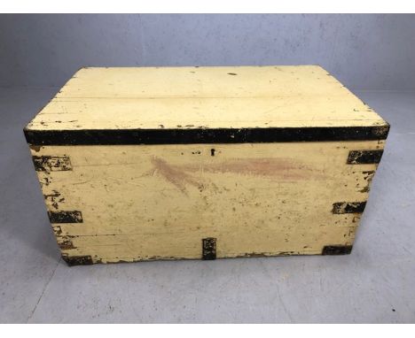Metal bound white painted vintage trunk, approx 87cm x 52cm x 44cm