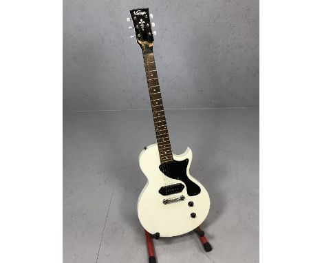 JHS Vintage electric guitar; white body, in association with Trev Wilkinson, with stand