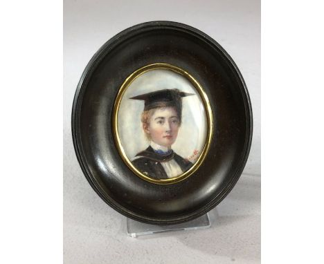 Hand Painted Miniature in Oval wooden frame Portrait of a Student in a Mortarboard signed in red to lower right frame size 8.