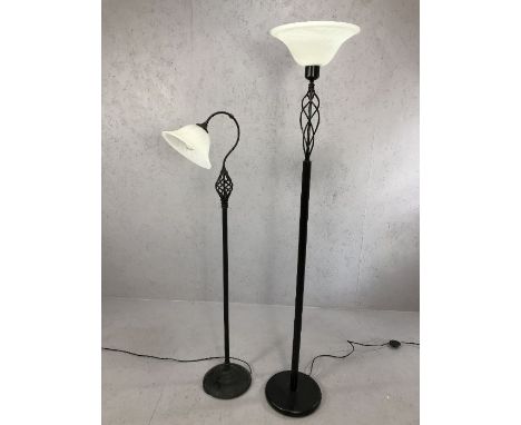 Modern black metal and glass standard lamp and uplighter, the tallest approx 178cm tall