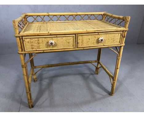 Bamboo and wicker dressing table with two drawers and ceramic handles, approx 91cm x 47cm x 86cm tall