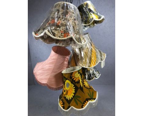 Collection of seven vintage style standard and ceiling lamp fabric shades, the largest approx 42cm tall