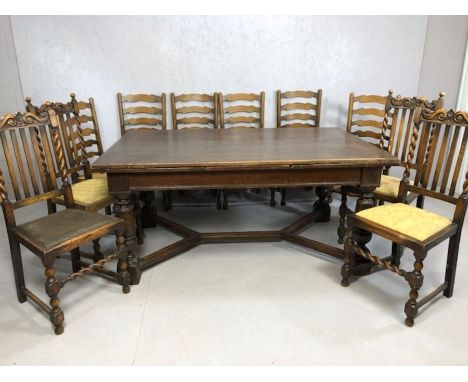 Large heavily carved oak refectory table with baluster legs, approx 167cm x 104cm x 77cm tall, with a collection of ladder ba