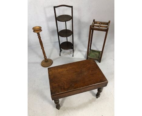 Collection of wooden items to include stick stand, cake stand and a low table