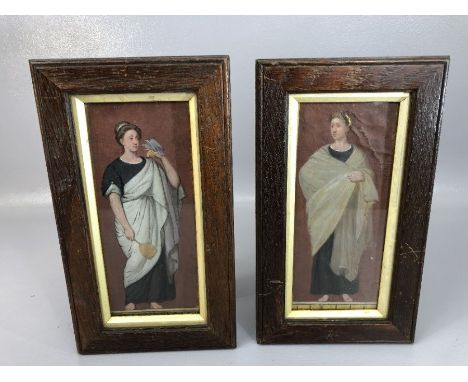 Pair of miniatures of women dressed in robes, one holding a fan or mirror in one hand and a bird in the other with areas of a
