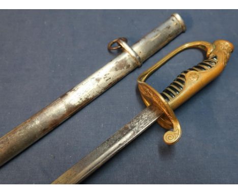 Circa 1940's Japanese military officers sword with 28 1/2 inch slightly curved single fullered blade, with gilt metal guard a