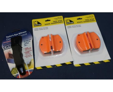 Two sealed as new Two Step knife sharpeners and a Taylors Eye Witness ring pull food can opener (3) 