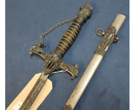 19th/20th C American Masonic sword with 28 inch double edged blade with engraved detail, complete with steel scabbard 