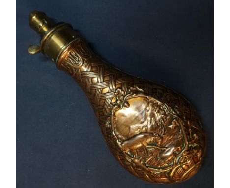 G &amp; J. W Hawksley of Sheffield brass powder flask with basket weave detail and central panel of stag fighting dog (overal