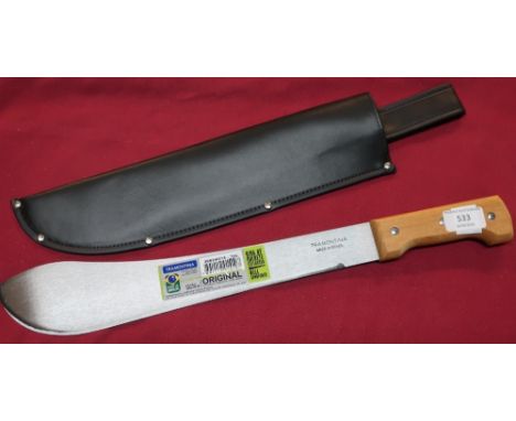 As new Tramontina Brazilian machete with 13 inch swollen point blade, wooden grip and sheath 