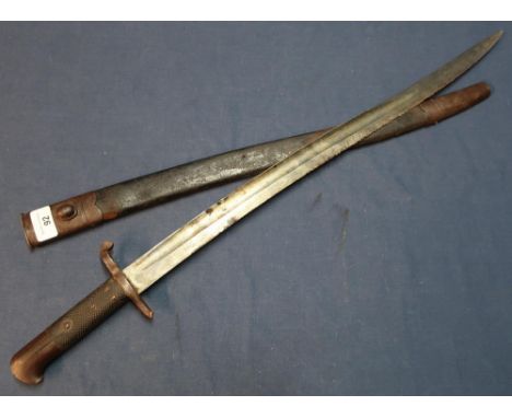 British 1853 pattern bayonet with 23 inch blade (edge nicks) (damage to quillon), complete with leather scabbard 