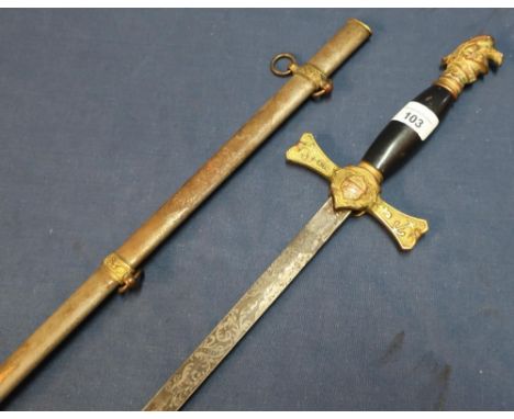 Late 19th C American dress sword with 30 inch double edge blade with engraved detail marked K of A Pittsburgh, with gilt cros