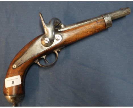 Mid 19th C continental percussion cap military type pistol with 7 3/4 inch barrel, with traces of engraved detail to the lock