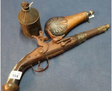 Turkish style flintlock pistol, a 19th C brass &amp; copper shell pattern powder flask and a powder tin (3) 