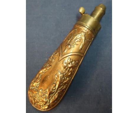 Small brass and copper powder flask with stags head motif and acorn leaf design (length 17cm) (lacking top spring) 