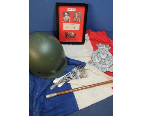 Mid 20th C Dutch cotton stitched flag, a post war liner for a US M1 helmet, alloy Air training Corp plaque, an officers swagg