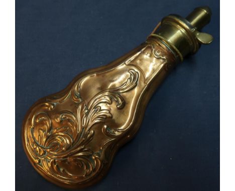 Brass and copper Sykes Patent Improved Best Quality powder flask with acanthus leaf design (overall length 22cm) 