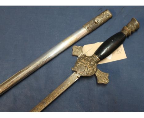 Early 20th C American Masonic dress sword with 28 inch double edge blade with engraved details marked Knights of Columbus, wi