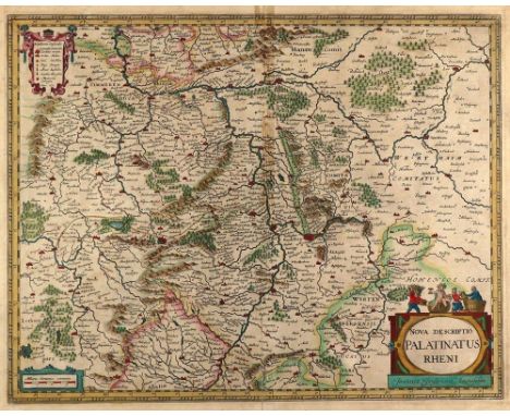 Rheinland-Pfalz.: Nova Descriptio Palatinus Rheni. Alt-. grenzkolor. Kupferstichkarte v. Johannes Janssonius, um 1650. Verso 