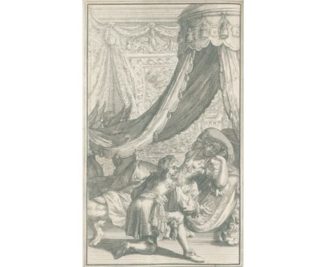 (Challes, Rob.).: Histoires françoises galantes et comiques. Amst., Roger, 1710. 8 °. 290 S. inkl. Frontisp. u. 5 Kupfertaf. 