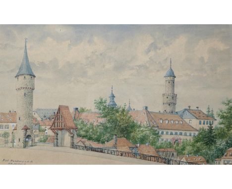 Bad Homburg: Teilansicht mit Blick auf das Schloss, links der Hexenturm. Aquarell von "Alb. Müller", wohl Ende 19. Jh. Passep