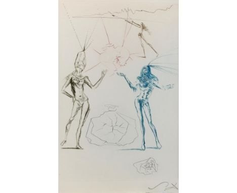 Dali,Salvador: (1893 Figueres 1989). Gefahr in Gestalt von drei Baronen. Farbige Orig.-Kaltnadelradierung. (Paris, L. Amiel 1