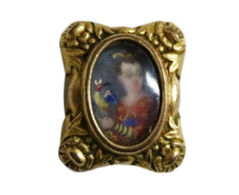 Miniatur Portraiknopf.: Wohl England um 1780. Messingblech vergoldet. Rechteckiger Knopf, Mittig Portrait einer Dame mit Papa