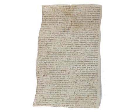 Testament.: Fragment wohl eines Testaments. Lateinische Handschrift auf Pergament, dat. März 1372. Ca. 50 x 30 cm.  Wohl Test