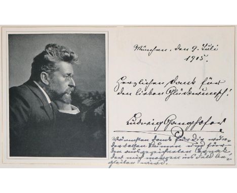 Ganghofer, Ludwig,: bayerischer Volksschriftsteller (1855-1920). Briefkarte mit Portrait u. Dank für Glückwünsche zum 50. Geb