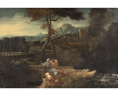 Dughet, Gaspard (auch Poussin): (1615 Rom 1675) zugeschr. Schafhirten am Fluss vor Landschaft mit Gebirge und Gebäude. Öl auf