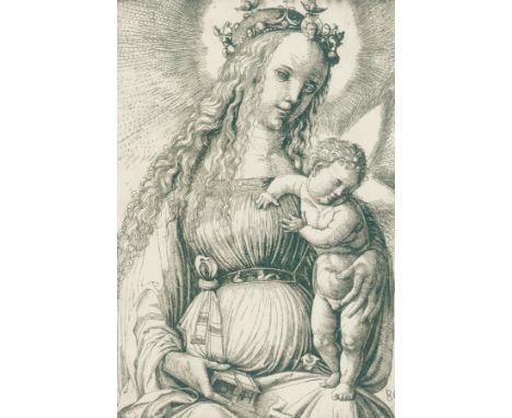 Hopfer, Daniel: (um 1470 Kaufbeuren - Augsburg 1536). Mutter Gottes sitzend mit dem auf ihrem Knie stehenden Jesusknaben. Eis