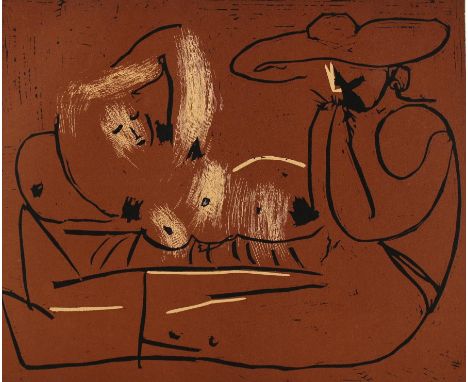 Picasso, Pablo: (1881 Málaga - Mougins 1973), nach. Liegende Frau und Mann mit Hut. Farboffsetlithographie. 1962. 27 x 32,4 c