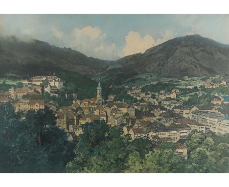 Baden-Baden.: Gesamtansicht. Farblithographie n. E.H.Compton bei Hanfstaengls Nachfolger, Berlin, nach 1872. Mit dem Namenszu