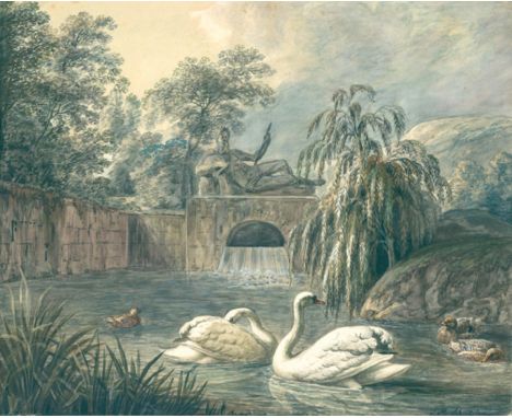 Schnitzler, Johann Michael: (1782 Neustadt a.d. Waldnaab - München 1861). Schwäne u. Enten auf einem See, dessen Wasserzugang