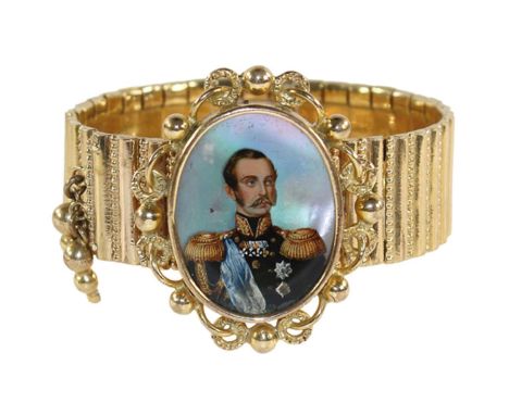 Nikolaus I.: Patentarmband Silber vergoldet. Mit ovaler Miniatur als Kopfstück. Darstellung des Zaren Nikolaus, Chromolithogr
