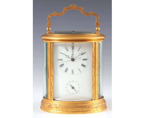 A LARGE 19TH CENTURY ENGRAVED GILT OVAL CASED REPEATING CARRIAGE CLOCK WITH CENTER SECONDS made for the Chinese market having