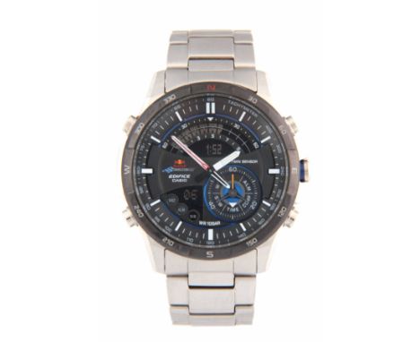 A GENTLEMAN'S STEEL CASIO EDIFICE RED BULL RACING LIMITED EDITION INFINITI WRIST WATCH on steel bracelet, the case having a b