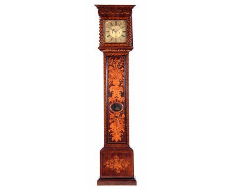 CLAUDE DUCHESNE, A UTRECHT. A LATE 17TH CENTURY DUTCH MARQUETRY AND WALNUT LONGCASE CLOCK having a flat top pediment above a 