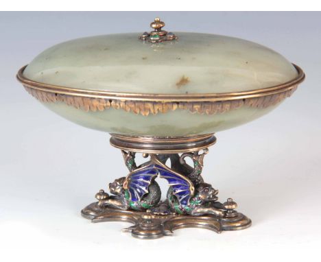 A MUGHAL JADE BOWL AND COVER, POSSIBLY 18th CENTURY, supported on a later silver gilt and enamel stand modelled as two dragon