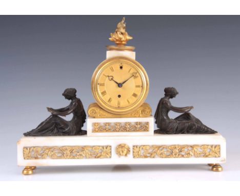 VULLIAMY, LONDON. No. 614. A REGENCY BRONZE, ORMOLU AND WHITE MARBLE LIBRARY MANTEL CLOCK the case surmounted by a flambe fin
