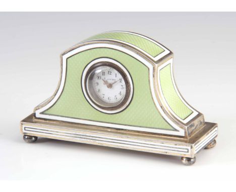 AN EARLY 20TH CENTURY SWISS SILVER ENAMEL BOUDOIR CLOCK having lime green enamel and white banded decoration enclosing a porc