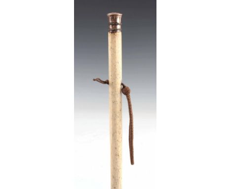 AN EARLY 19th CENTURY WHALEBONE WALKING CANE having a good heavy bone stick with chamfered top and engraved gold metal handle