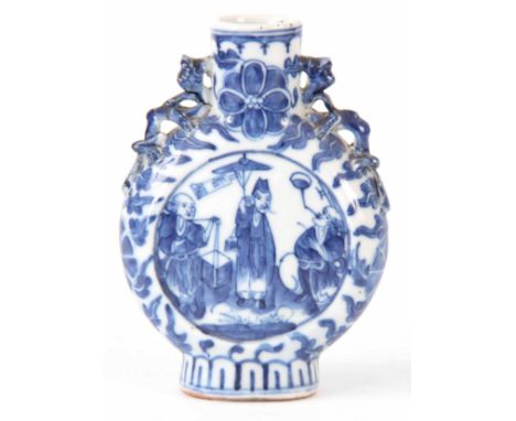 CHINESE PORCELAIN BLUE AND WHITE MOON FLASK decorated with pilgrims having dragon handles – 15cm high 11cm wide