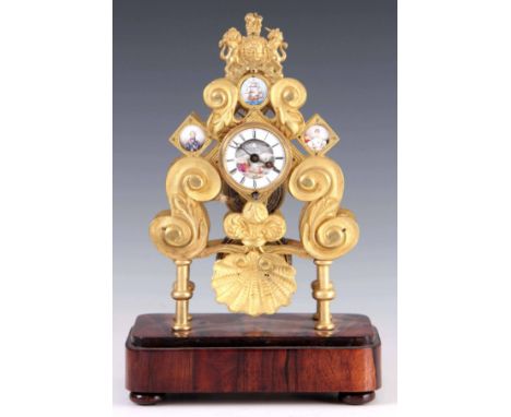 A RARE AND UNUSUAL 19TH CENTURY SKELETON CLOCK WITH LORD NELSON INTEREST the gilt brass frame of scroll design surmounted by 